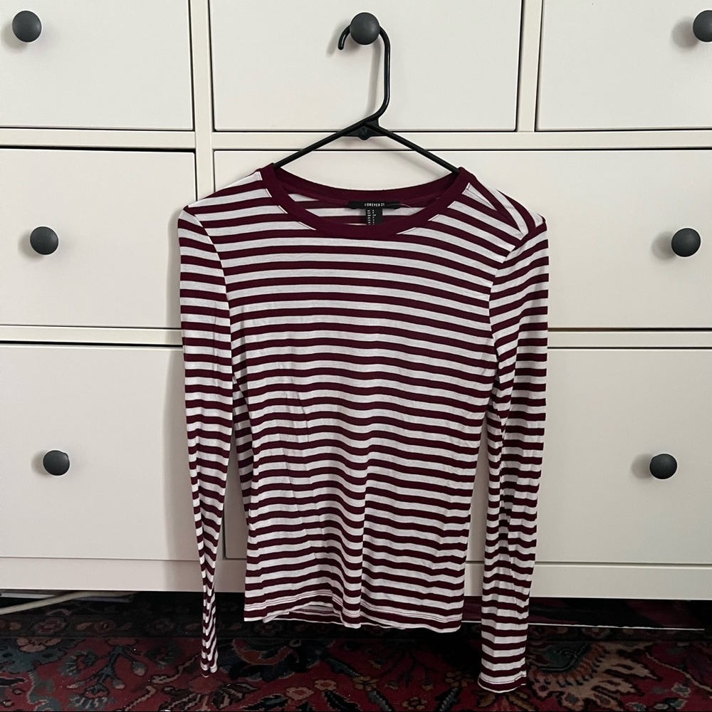 Burgundy and White Striped Long Sleeve T Shirt